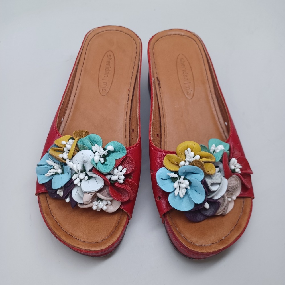 Sheridan Mia Red Leather Floral Wedge Sandals Womens Slides Multi Color Flowers - Picture 5 of 13